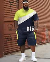 Men's large size color-blocked patchwork T-shirt & shorts two-piece set
