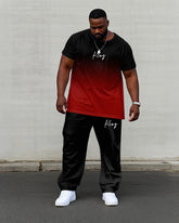Men's Plus Size Red & Black Gradient Chest "king" Slogan Printed Short Sleeve T-shirt Pants Suit