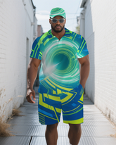 Big Men's Abstract Black Hole Scientific Theme Casual Short-Sleeve Polo Shirt & Shorts Set