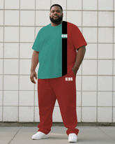 Men's Plus Size Black Jacquard King Short Sleeve T-Shirt Trousers Suit