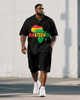 Big Men's Simple Map JUNETEETH Theme Short Sleeve Polo Shirt Shorts 2-Piece Suit