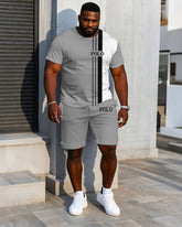 Men's Plus Size White & Grey Colorblock Short Sleeve T-Shirt Shorts Suit
