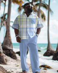Men's Big & Tall Classic Plaid Print Blue Short Sleeve Shirt Trousers Set