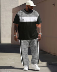 Men's Casual Large Plaid Colorblock Printed T-Shirt Pants Set