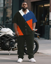 Men's Plus Size Business Blue Red Color Block Striped Geometric Print Short Sleeve Shirt Trousers Suit