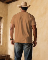 Men's Plus Size Bright Khaki Western Pattern Chest Patch Pocket Printed V-neck Short Sleeve T-shirt