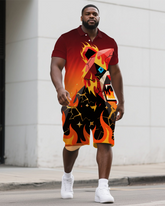 Big & Tall Guy's Gradient Angry Cartoon Bear Printed Casual Short-Sleeve Polo Shirt Shorts Set