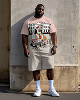 Big Men's Caricature Rooster Hands Off Letter Printed Casual Short Sleeve T-Shirt Shorts Set