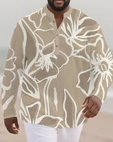 Big & Tall Men's Khakis Floral Print Bamboo Hemp Texture Henry Collar Long Sleeve Shirt