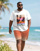 Men's Plus Size Hawaiian Orange Gradient Coconut Tree Print Round Neck Short Sleeve T-Shirt Shorts Suit