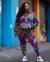 Women's Big & Tall Street Graffiti Colorful Leopard Print Hoodie Set