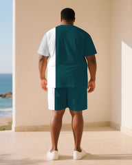 Big & Tall Men Green & White Colorblock Slogan Printed Round Neck Short Sleeve T-Shirt Shorts Suit