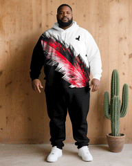 Big & Tall Men Autumn And Winter Casual Black Red Feather Print Hoodie Suit
