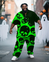 Big & Tall Men's Halloween Green Skull Print Short Sleeve Shirt Trousers Suit