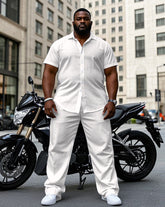 Men's Plus Size Solid Color White/Black Short Sleeve Shirt Trousers Suit