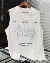 L-2XL Street Fashion White Chain Gothic Hee Letter Printed Round Neck Sleeveless Vest