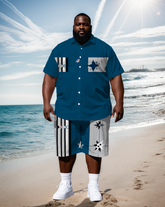 Big Men's Artistic Fashion Color Block Stripe & Starts Printed Casual Short Sleeve Shirt Shorts Set