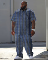 Men's Large Simple Plaid Patchwork Letter Neck Printed T-Shirt Pants Suit