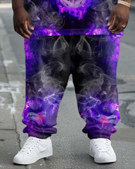 Big Guy's Street Fashion Purple Flame Skull Print T-Shirt Trousers Set