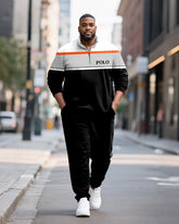 Big & Tall Men's Striped Contrast Printed POLO Collar Zipper Long Sleeve Pants Two-Piece Set