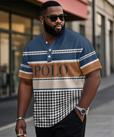 Men's Plus Size Casual Daily Blue Colorblock Houndstooth Print Henry Collar Button Short Sleeve T-Shirt