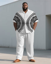 Men's Plus Size Black And White Geometric Print Short Sleeve Shirt Trousers Suit