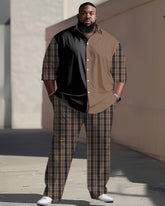 Patchwork Plaid Long-sleeved Lapel Shirt 2-piece Set Men's Plus Size