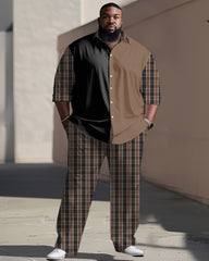 Patchwork Plaid Long-sleeved Lapel Shirt 2-piece Set Men's Plus Size