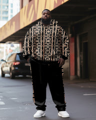 Men's Plus Size Brown Geometric Stripes Hoodie Set of Two