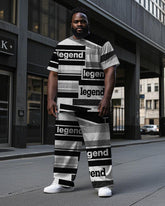 Men's Casual Legend Stripe Splicing Style Short Sleeve T-shirt Pants 2-Piece Set