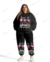 Christmas Flamingo Print Women Plus Size Hoodie Suit