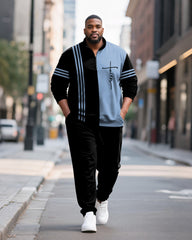 Big & Tall Men's Faith Stripe Colorblock Printed POLO Collar Zipper Long Sleeve Pants Two-Piece Set