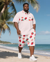 Big Men's Romantic Strawberry Hawaiian Theme Short Sleeve Polo Shirt 2-piece Short Set