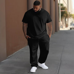 Men's Large Daily Black Solid Color T-Shirt Trousers Set