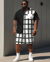 Men's Plus Size Classic Plaid Stitching Print Short Sleeve Shirt Shorts Suit