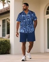 Men's Plus Size Blue Music Fashion Short Sleeve Shirt Shorts Suit