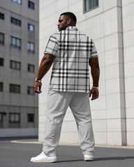 Men's Plus Size Gray Check Short Sleeve Shirt Trousers Suit