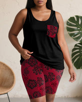 Women's Plus Size Daily Casual Red Bow Lace Print Pocket Vest Shorts Suit