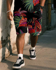 Big & Tall Men's Black Vintage Leopard Plant Print Vest Shorts Suit