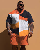 Big Guy's Simple Colorblock Short-sleeved Shirt And Shorts Set