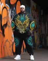 Men's Street Fashion Golden Dragon Head Print Plus Size Hoodie Suit