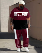 Big Guy's Simple Red Colorblock Alphabet Print T-shirt Trousers Set