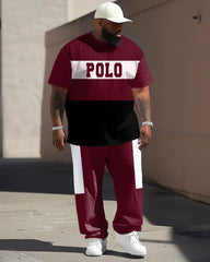 Big Guy's Simple Red Colorblock Alphabet Print T-shirt Trousers Set