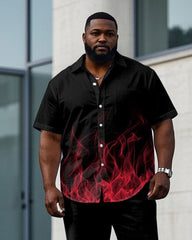 Men's Plus Size Black Red Flame Short Sleeve Shirt Trousers Suit