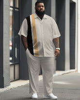 Men's Plus Size Business Simple Color Matching Striped Printed Short Sleeve Shirt Suit