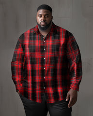 Men's Classic Casual Large Size Red Black Plaid Long Sleeve Lapel Shirt