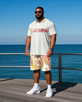 Men's Big Size Hawaii Style Palm Leaf Stripe Printed Daily Casual Short Sleeve Polo Shirt Shorts Set
