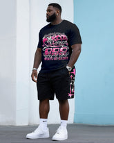 Big & Tall Men's Street Fashion Pink Letters Creative Printed Round Neck T-Shirt Shorts Suit
