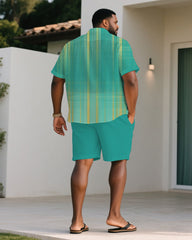 Men's Plus Size Green & Yellow Photon Print Short Sleeve Shirt Shorts Suit
