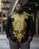 Men's Big and Tall Ethnic Style Black Gold Totem Lapel Long Sleeve Shirt